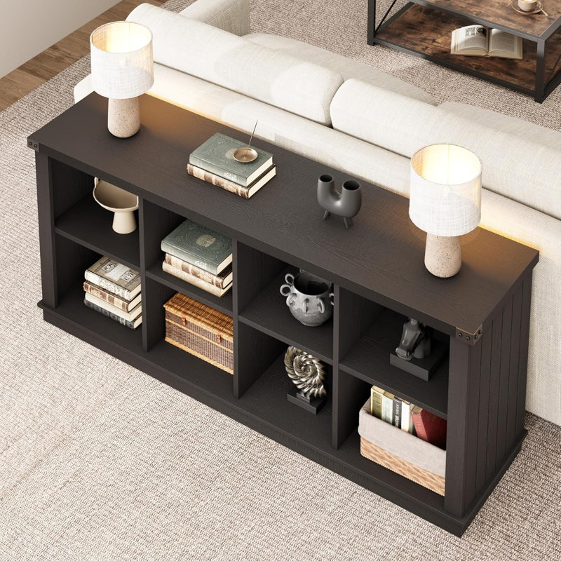 Farmhouse 8-Cube Storage Cabinet – Long Horizontal Wood Bookshelf with 2-Tier Organizer – Freestanding for Living Room, Entryway or Office