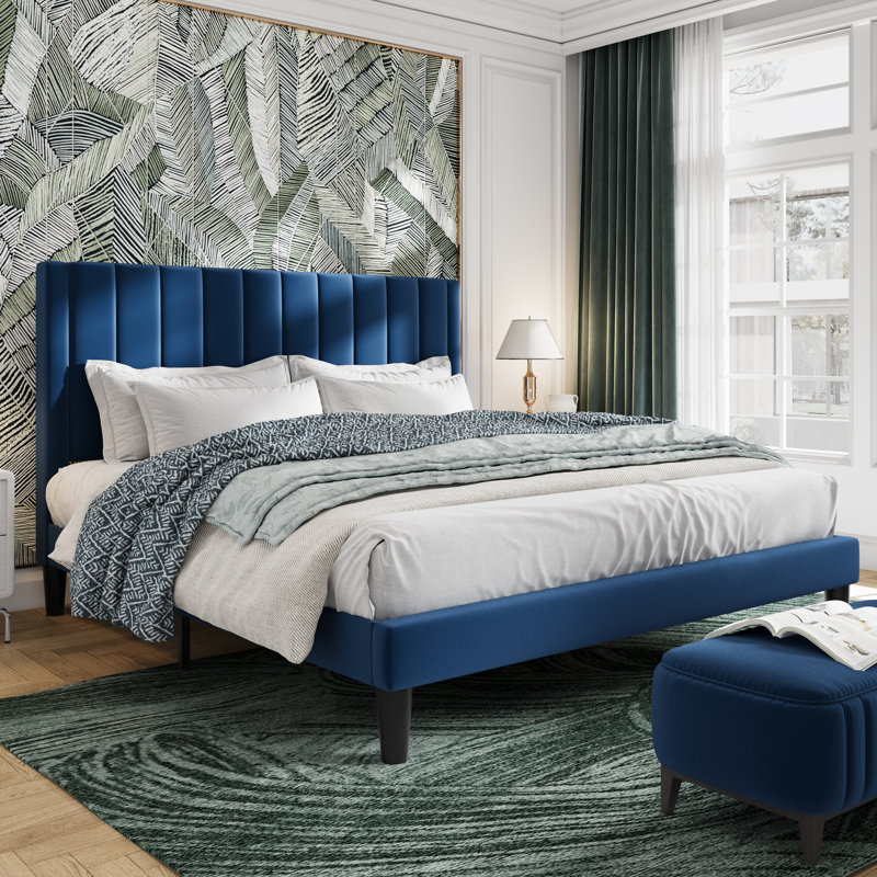 Lit plateforme tapissier en velours avec tête de lit Modern, Très grand, Bleu marine