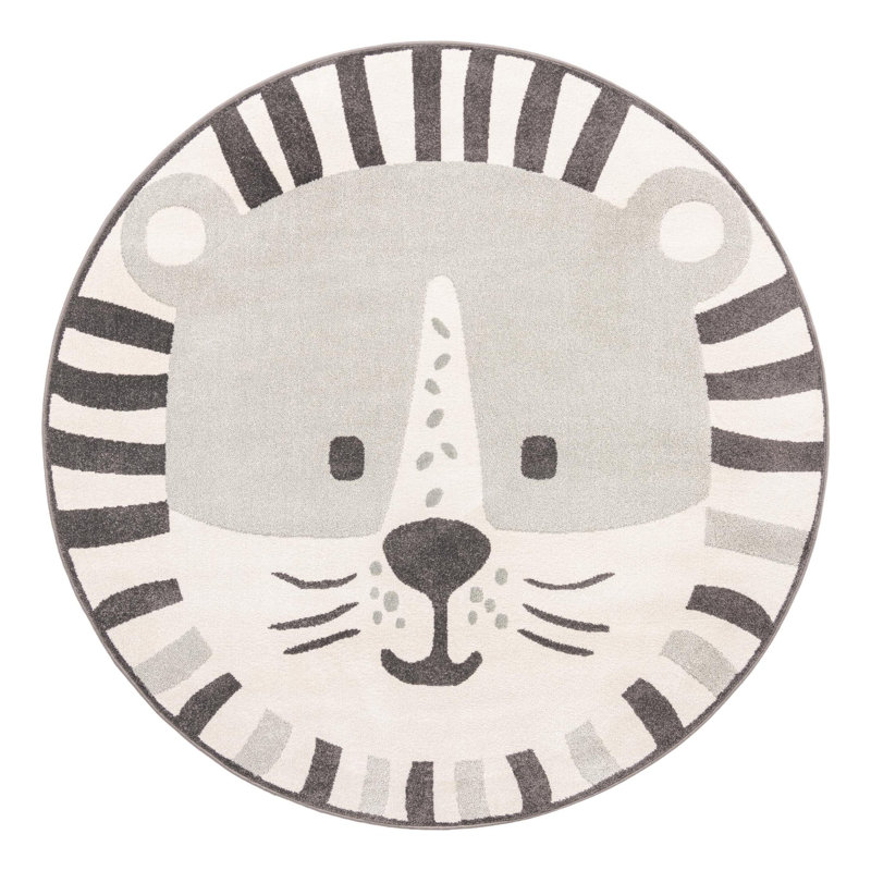 Tapis pour enfant Whimsy Lion, Rond 3 pi 3 po, Gris / Ivoire