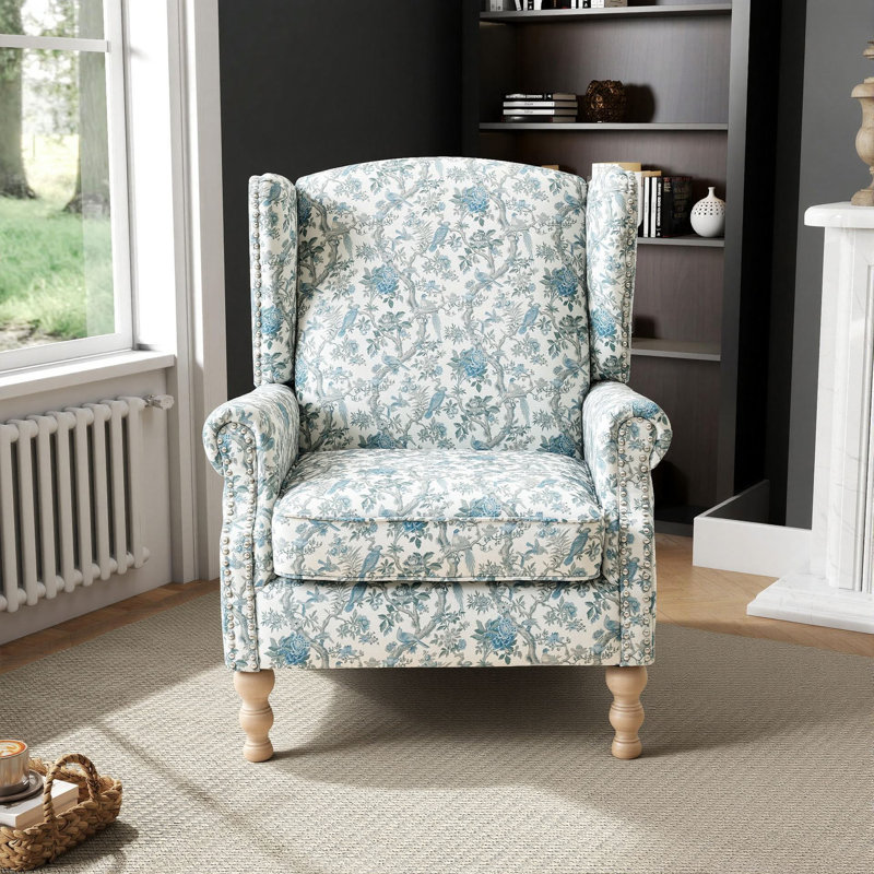 Fauteuil à oreilles moderne l 28 po confortable Lathbury pour le bureau de la chambre à coucher, Antique Blue Floral