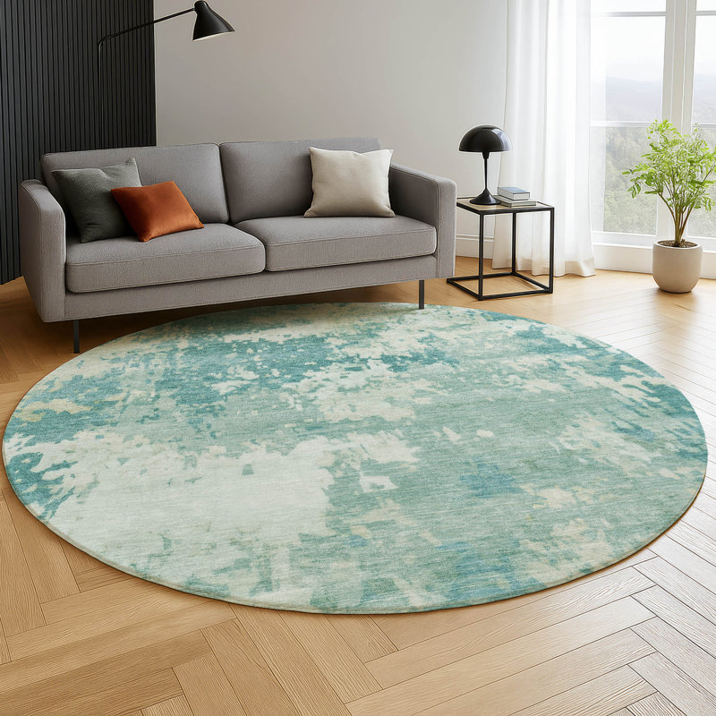 Premium Machine Washable Mayfield AMF2142 abstract Rug, Teal, 8' Round