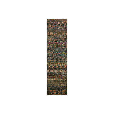 2'6"x11' Black Sari Silk and Wool Striae Design Hand Knotted Runner Rug G76206