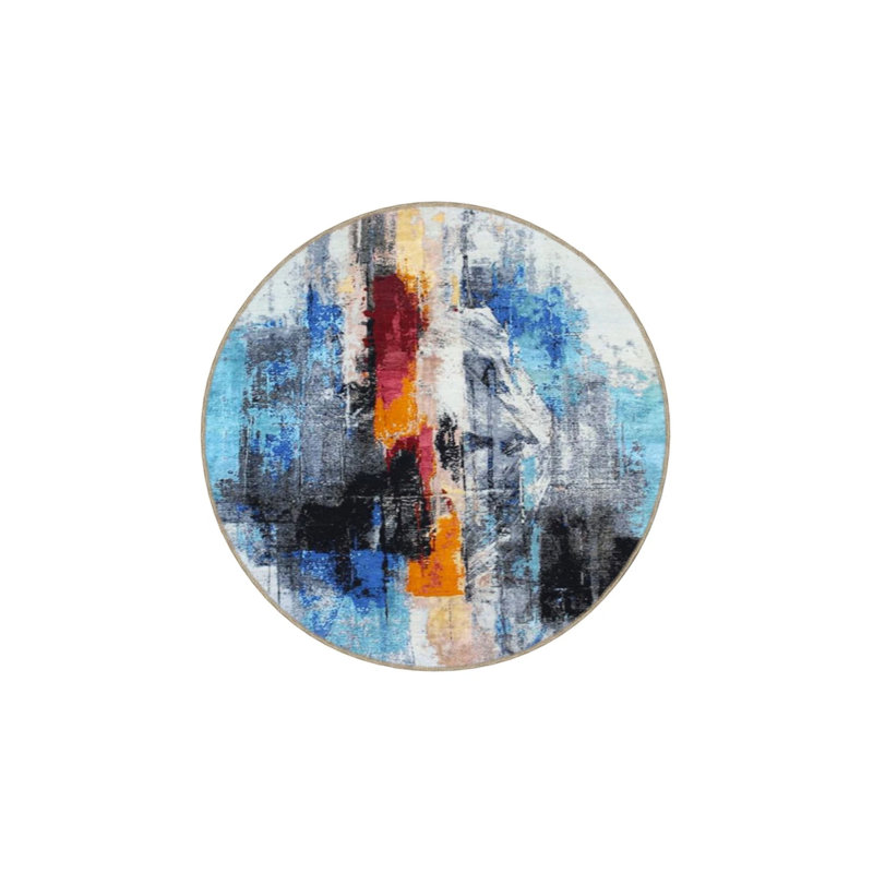Blue Pastel Themed Woven Base Carpet And Washable Carpet, Round 4'