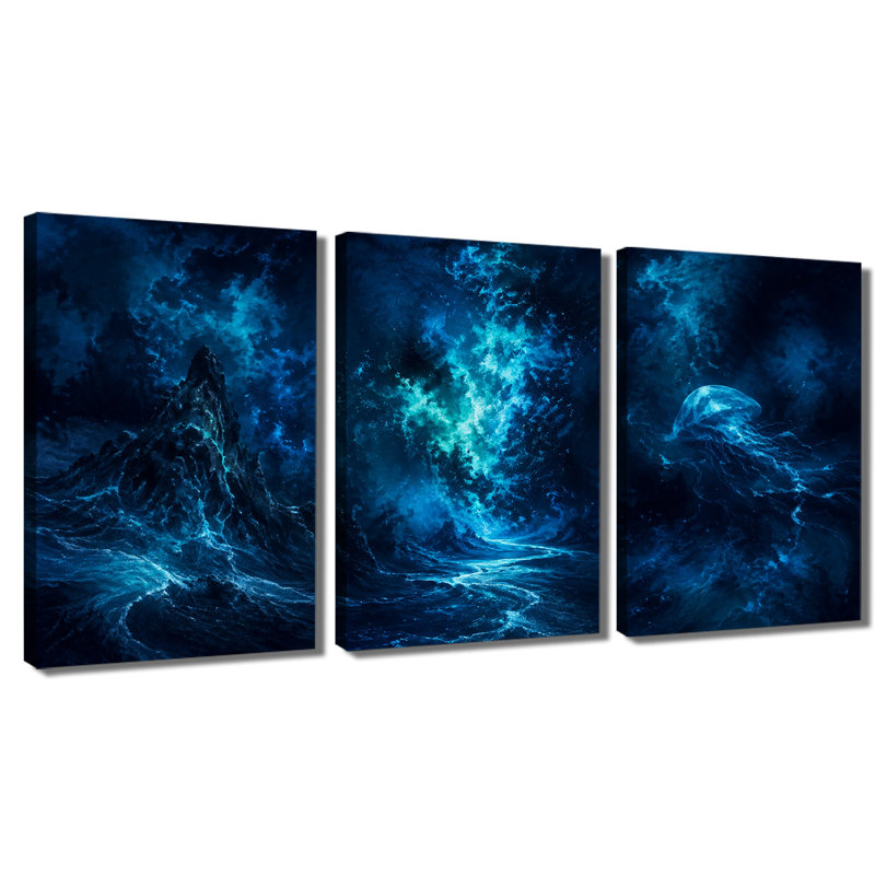 Tableau en trois panneaux, motif vague océanique bleu foncé et méduse de montagne, impression sur toile tendue