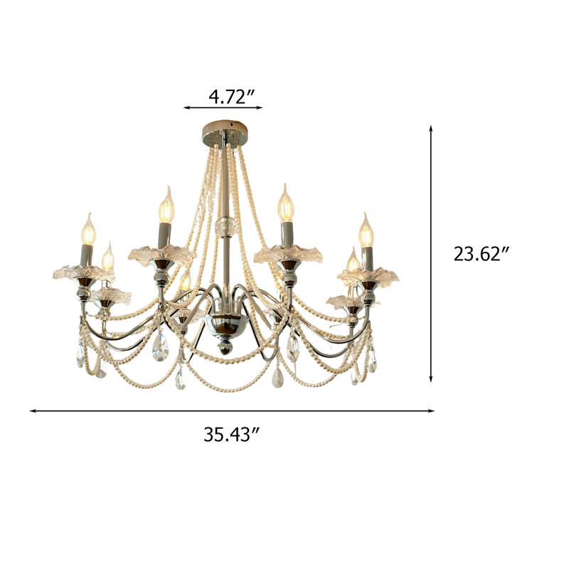 Lustre en cristal 35,43 "en fer forgé argenté de style perle - Luminaire suspendu de style bougie pour salon