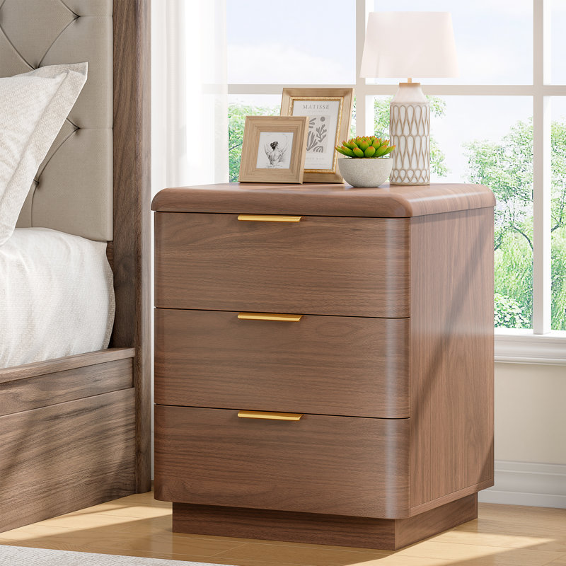 Cota 19.6" Thickened Nightstand Set Of 2, 3 Drawer Bedside Table, Wooden End Table W/storage, Modern Curved Profile Design, Mid Century Night Stand For Bedroom, Living Room, Dark Walnut