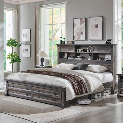 Farmhouse King Size Bed Frame, Storage Bed With Charging Station