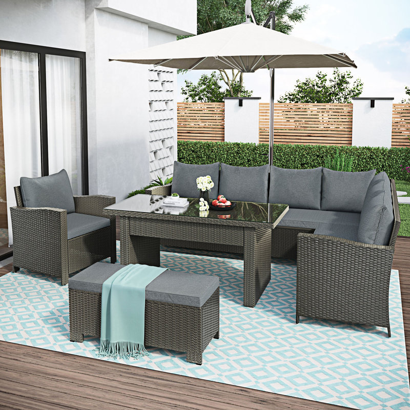 Ensemble de conversation modulaire en rotin 6 pièces avec coussins, gris