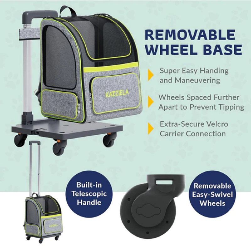 Gray and Green Soft-Sided Rolling Pet Carrier Backpack