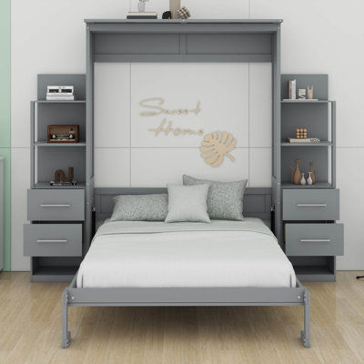 Queen Size Murphy Bed With 4 Drawers And Foldable & Led & Shelf,Foldable Platformbed Vertical Wall Bedframe For Small Space