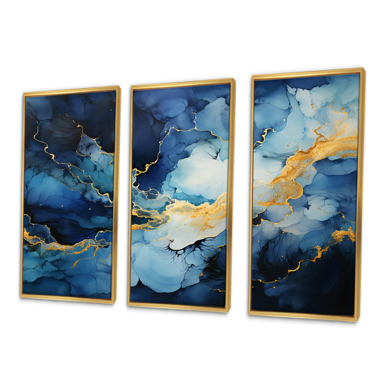 «Blue and Gold Abstract Hurricane - Storms», ensemble de salon d'art mural, Cadre flottant doré, H 32 po x l 48 po x P 1 po