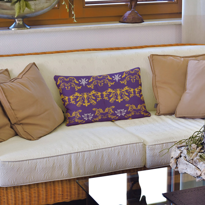 Minnesota Damask Linen Reversible Throw Pillow, Purple/Yellow/White, Faux Suede