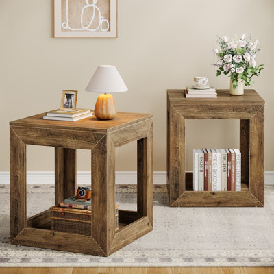 Square End Table Set Of 2, 19.7" Large Square Side Table With Storage Shelf, Tall Nightstand For Living Room, Bedroom, Office