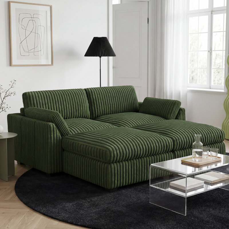 Wide Short Plush Soft Modular Sofa Bed Apartment Sofa With Detachable Cushion Cover, Green Corduroy