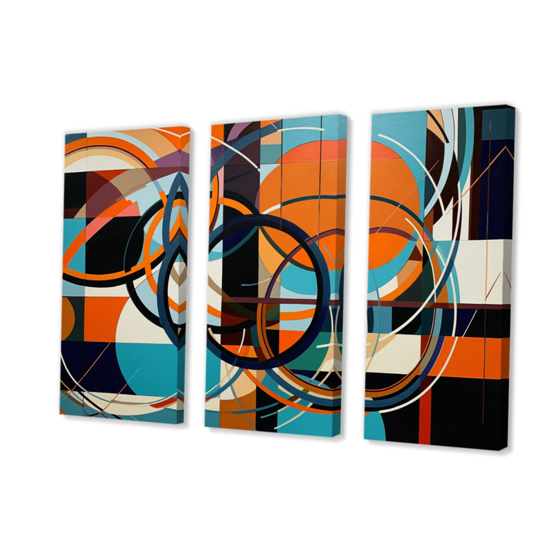 «Blue Orange Geometric Unleashed», reproduction sur toile tendue de 3 pièces, H 28 po x l 36 po x P 1 po