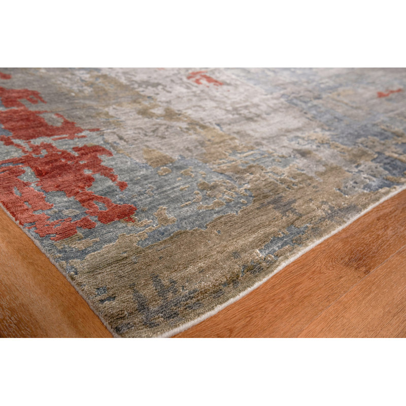 Laureno Hand Knotted Silk Abstract Area Rug in Blue, Rectangle 6' x 9'