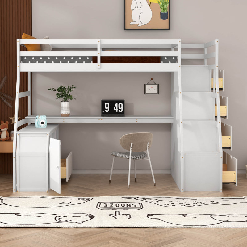 Lit mezzanine avec rangement et escalier Heiki, Blanc, Simple