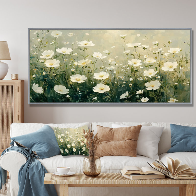 Innarah White Wildflower in Spring Bloom I - Wildflowers, art mural, Argent argent, H 28 po x l 60 po