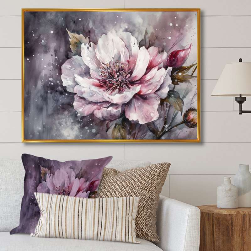 " Pink Green Peonies On Branch I ", 12" H x 20" W x 1" D, Gold Floater Framed