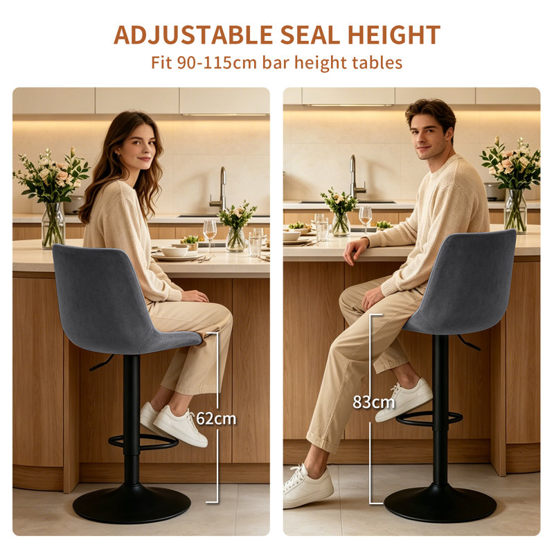 Adjustable Height Velvet/Suede Bar Stools with Gas Lift, Velvet Grey