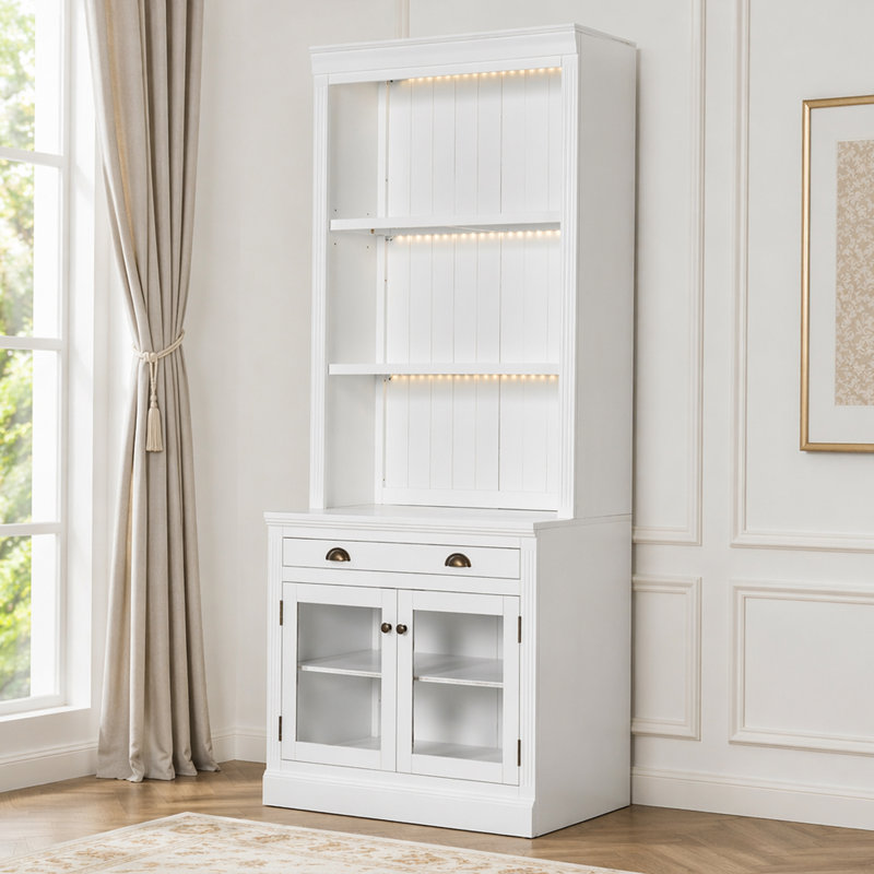 Bibliothèque de 83,4 po de hauteur avec éclairage DEL, bibliothèque moderne avec 2 portes en verre et 1 tiroir, bibliothèque de rangement avec tablettes ouvertes pour le salon, le bureau personnel, blanc