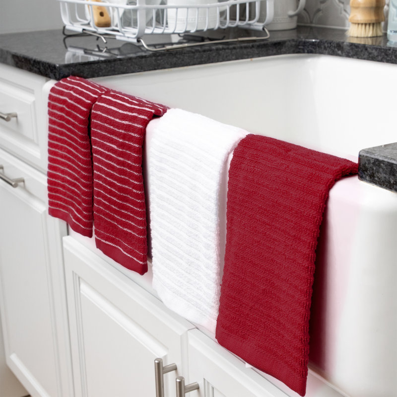 Red and White Cotton Terry Stripe Kitchen Towel Set, 4-Pack