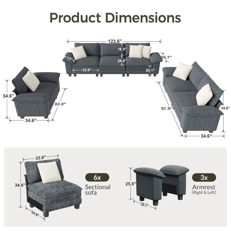 Ensemble de canapé modulaire rembourré 3 pièces, ensemble de canapé surdimensionné avec canapé, causeuse et fauteuil