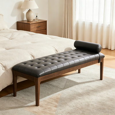 66" W Tufted Faux Leather Bedroom Bench, Upholstered End of Bed Bench with Rubberwood Legs