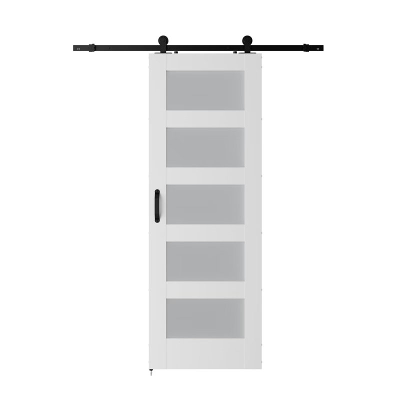 Porte de grange en verre 5 pièces avec quincaillerie coulissante, 30 po x 84 po, Blanc