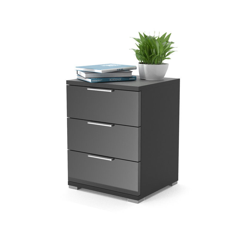 Machias 3 Drawer Bedside Table, High-Gloss Black