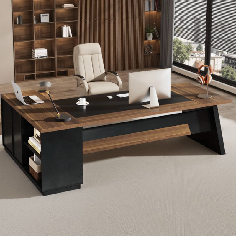 Bureau de direction en L avec tiroirs, Brun / Noir