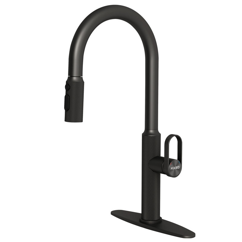 MASO Kitchen Faucet with Pull-Down Sprayer, 3 Spray Modes, Single Handle High Arc Sink Faucet for Kitchen, RV, Laundry and Bar, 304 Stainless Steel,Matte Black