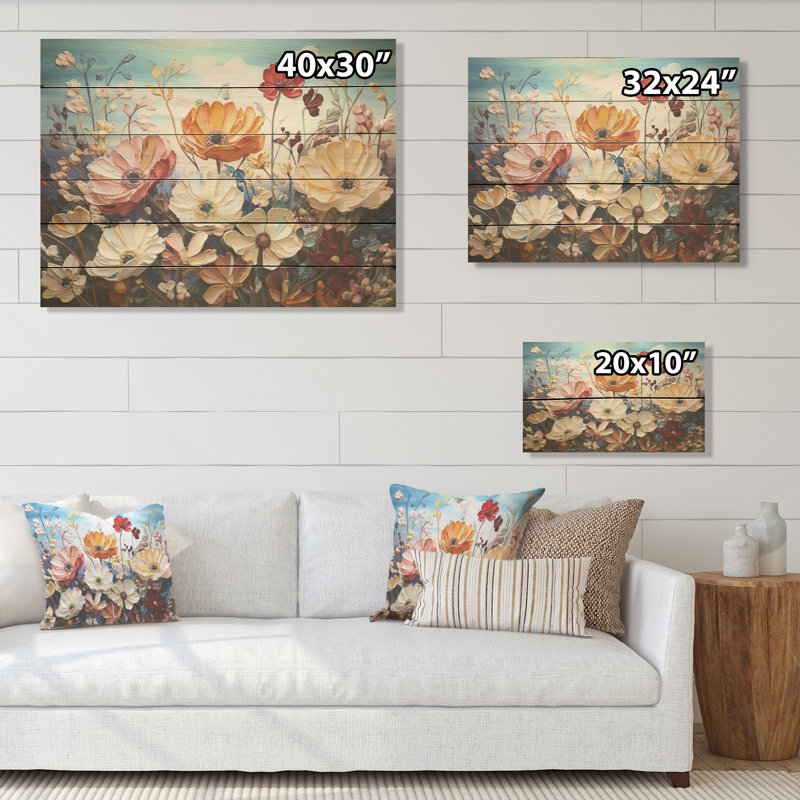 Plantes roses, art liquide, champ de fleurs I - champ de fleurs, art mural sur bois de pin naturel, H 10 po x l 20 po