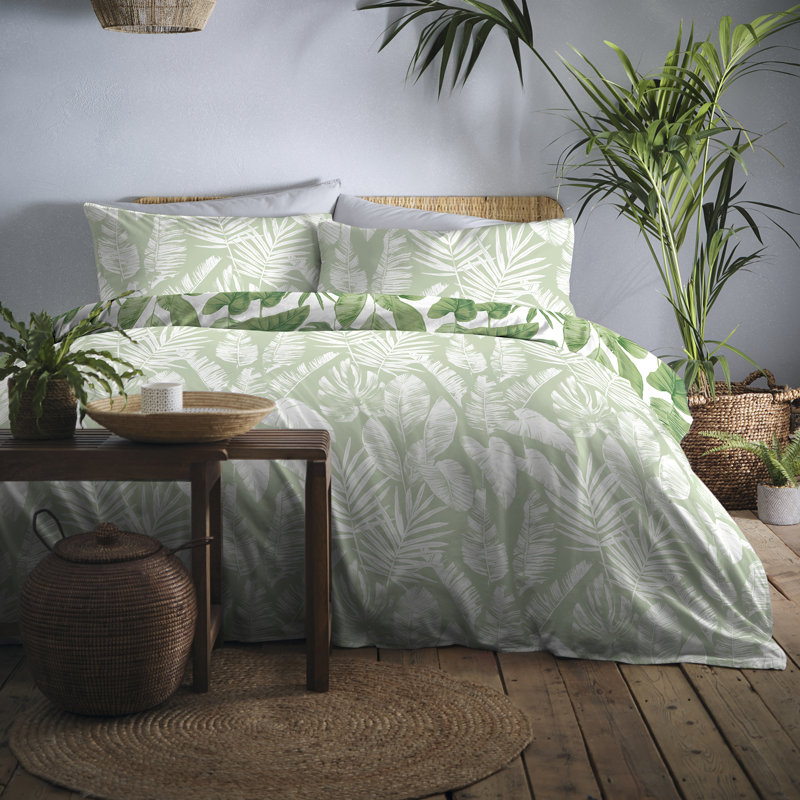Tahiti Floral Duvet Cover Set with Pillowcases Included, Green/White, Double Duvet Cover + 2 Standard Pillowcases