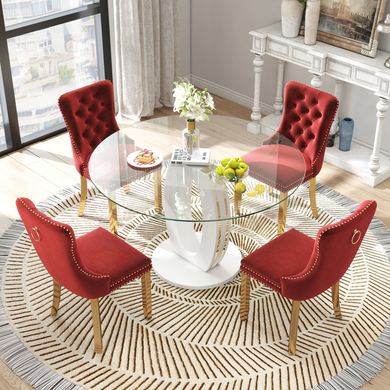 Ensemble de table de salle à manger haute brillance ronde avec 4 chaises de salle à manger en velours, Rouge, Blanc