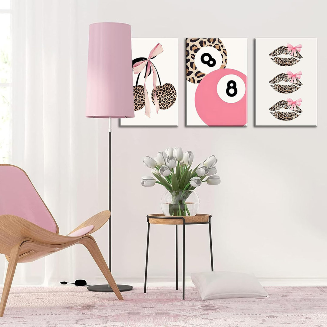 Trendy Pink Leopard Bow Canvas Wall Art Set of 3 Funky Cherry Lucky 8 Ball Posters Prints Cute Coquette Preppy Room Aesthetic Wall Decor Pictures for