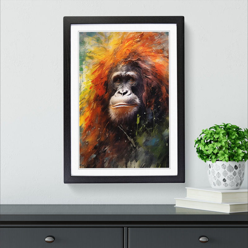 Orangutan Impressionism No.2 - Single Picture Frame Print on Wood, 34cm H x 25cm W x 2cm D, Black Framed