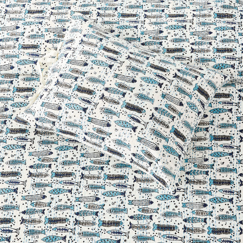 Serafina Handstitched Fish Print Coverlet, Queen