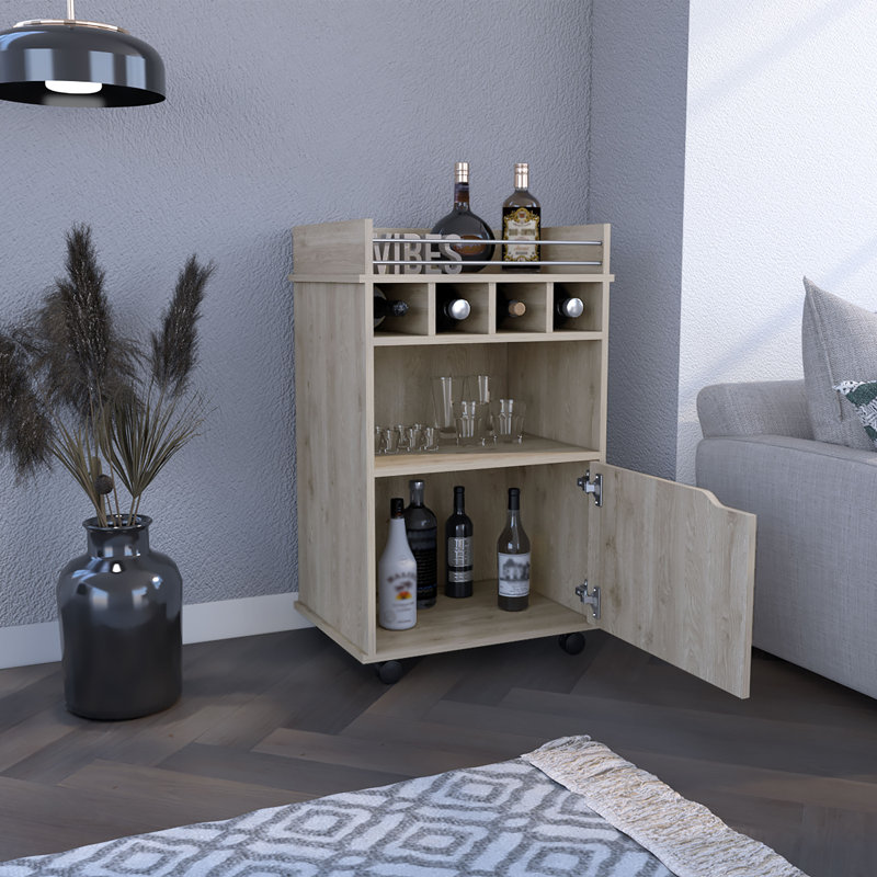 Chariot-bar H 35 po avec deux tablettes, quatre casiers à vin et une armoire, Pin, Beige