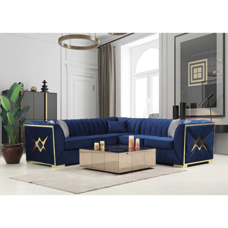 Canapé modulaire Martrail, Velours bleu, L 98,4 po x P 36,6 po x H 30 po
