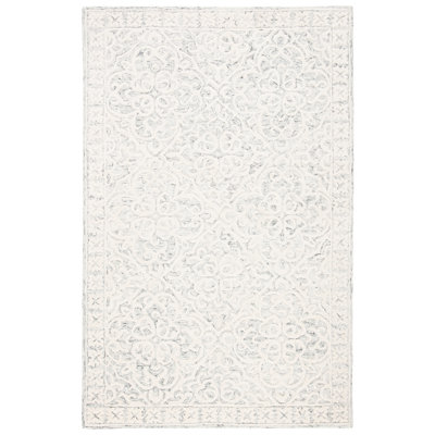 Durnan Damask Handmade Tufted Wool Area Rug in Silver / Ivory