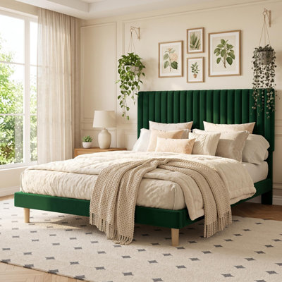 Queen Size Velvet Upholstered Platform Bed Frame with Adjustable Headboard, No Box Spring Required, Easy Assembly, Beige