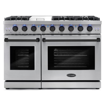 Cosmo 48 In. 7 Cu. Ft. Double Oven Gas Range, 6 Burners, Griddle, Convection, Knob Leds, Stainless Steel, Matte Black Handle Knob Kit