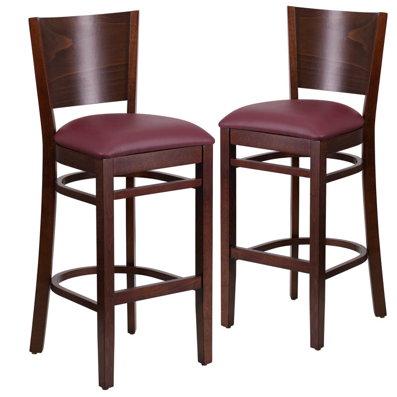 Claridge Solid Back Wooden Restaurant Barstool, Vinyl-Burgundy, Walnut, 2