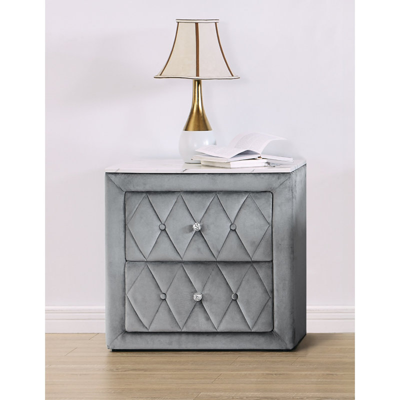 1Pc Nightstand 2- Drawers Storage Grey Finish Button Tufted Faux Crystal Tufted