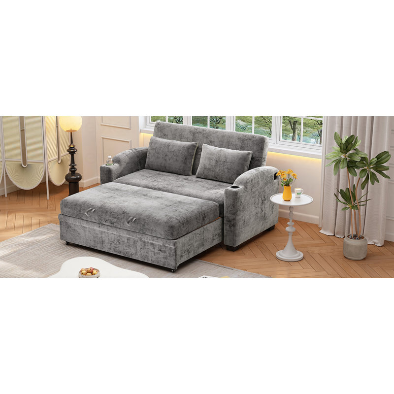 Canapé-lit convertible 61,6 po en chenille moderne avec dossier ajustable, 2 coussins, porte-gobelets, ports USB pour le salon, appartement