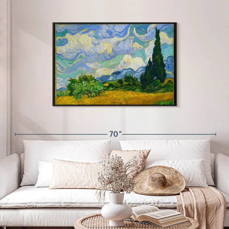 Champ de blé avec cyprès, Cadre flottant noir, 43 po x 29 po