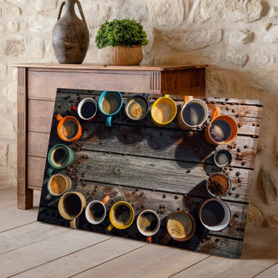 Canvas A Rustic Wooden Table Serves As The Backdrop Showcasing An Wall Art Array Of Colorful Coffee Mugs Arranged Symmetrically Along Canvas Wall Art