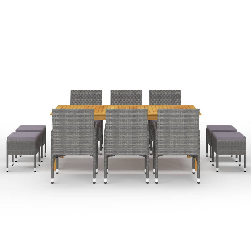  Ensemble de salle à manger en bois d'acacia massif gris, acier thermolaqué, rotin PE, Gris, Gris foncé