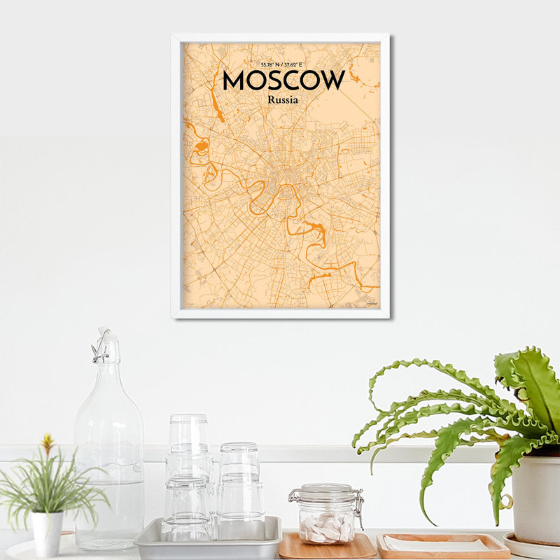 «Moscow City Map», impression, H 24 po x l 18 po, Orange / or pâle